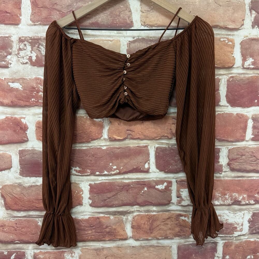 Zara Crop Top Shirt Women's Small Brown Boho Festival Romantic Pleated Button Up - Picture 5 of 7